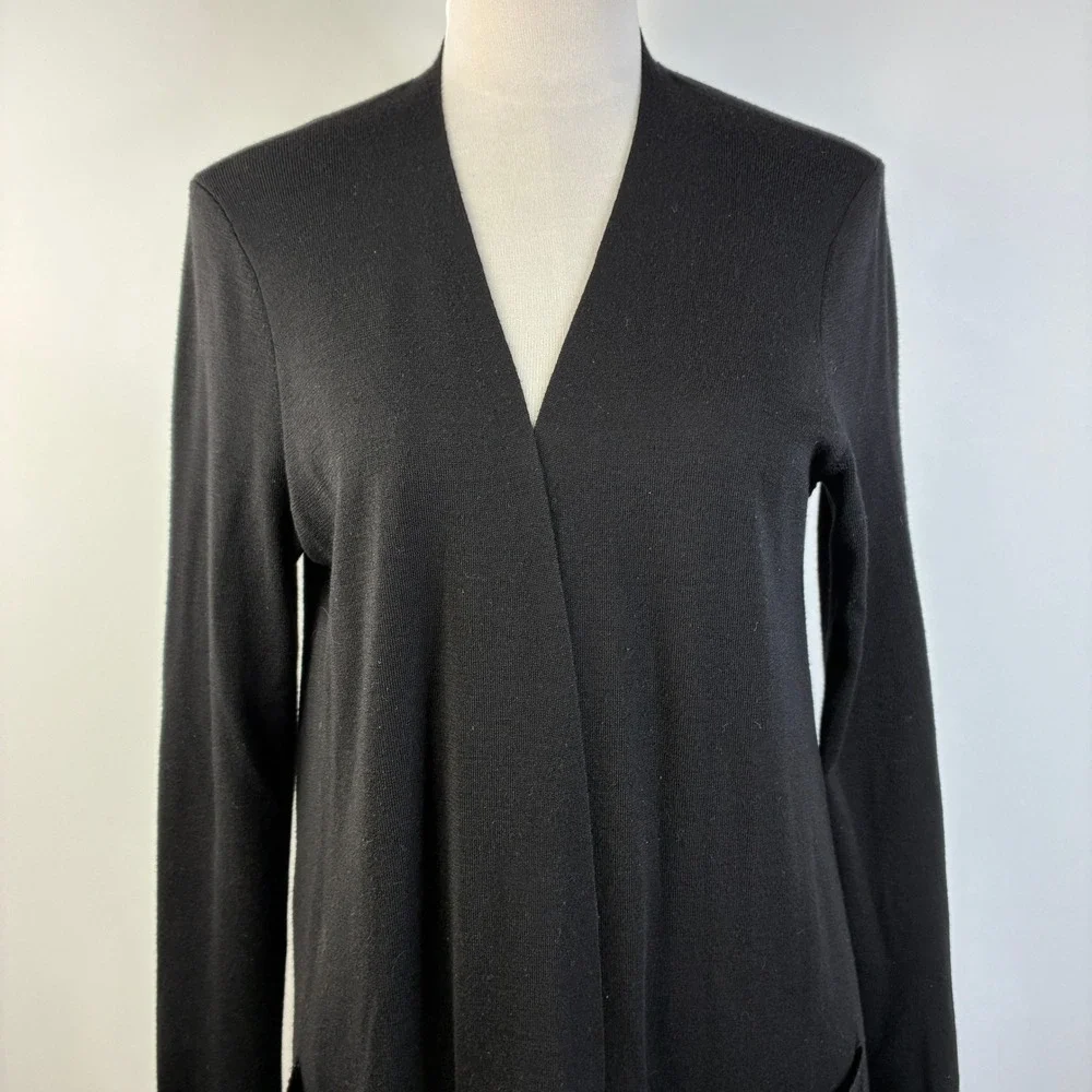Eileen Fisher Women's M Black Superfine Merino Wool Long Duster Cardigan Pocket - Picture 6 of 14